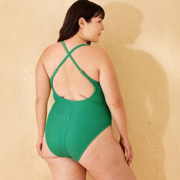 Shade & Shore NWT Women's Pucker Texture Cross Back One Piece Swimsuit Green XL - Picture 2 of 12
